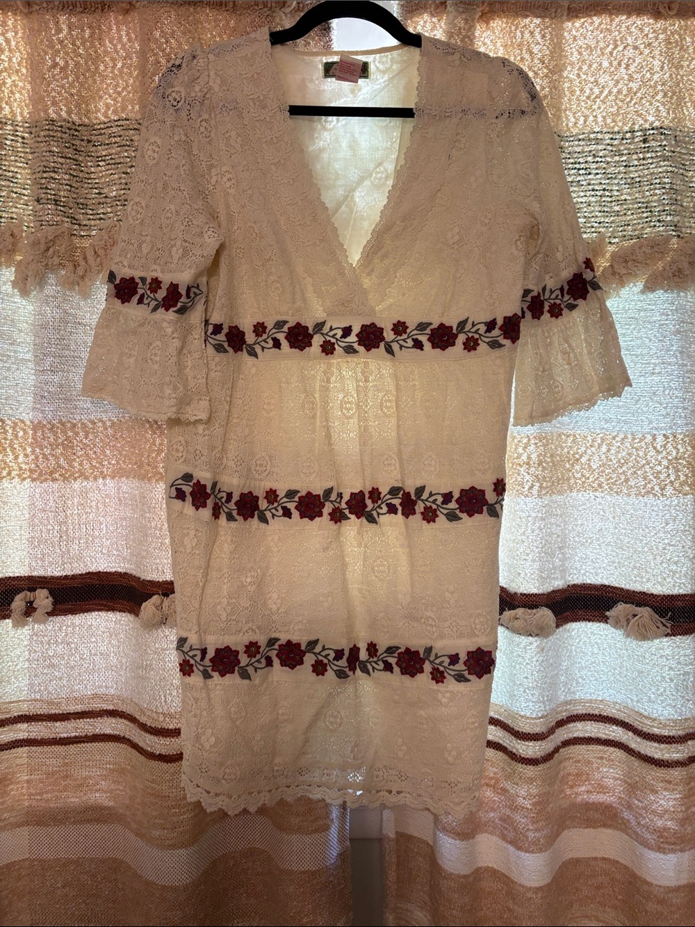 Flying Tomato Cream Lace Mini Dress with Red Floral Trim